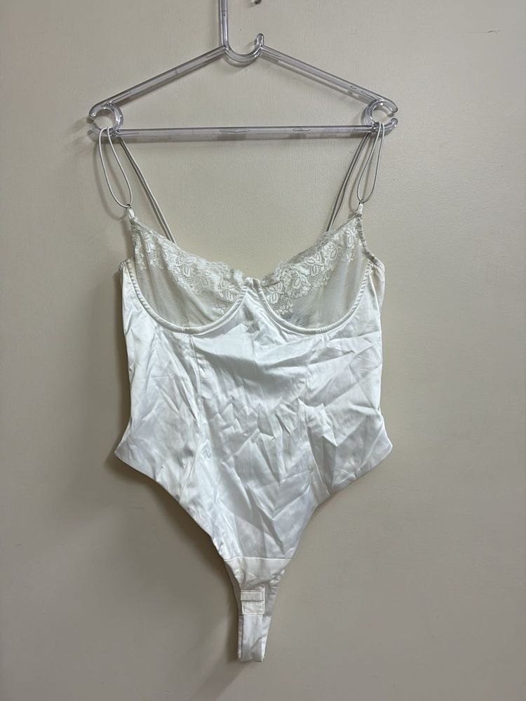 Elegant White Satin Bodysuit with Lace