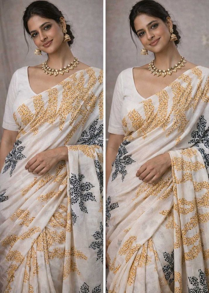 ✨ Elegant Off-White Foreign Saree – Black &amp; Gold