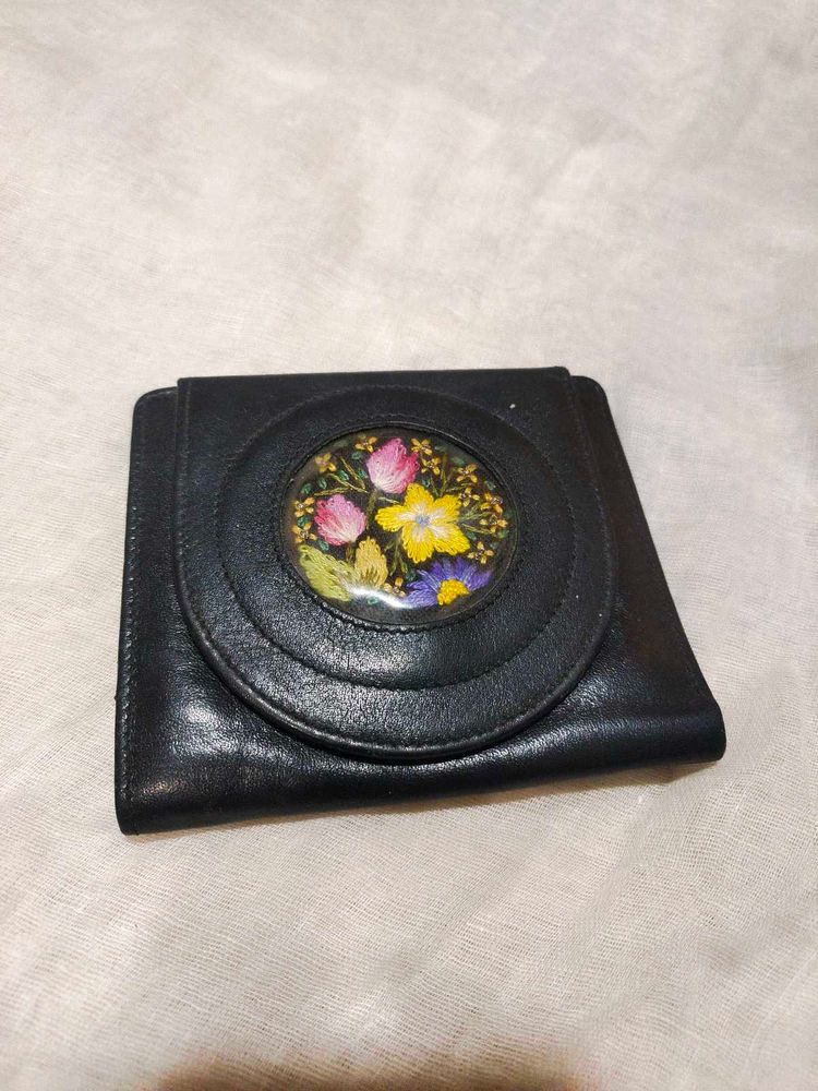 Vintage Black Leather Wallet with Floral Detail