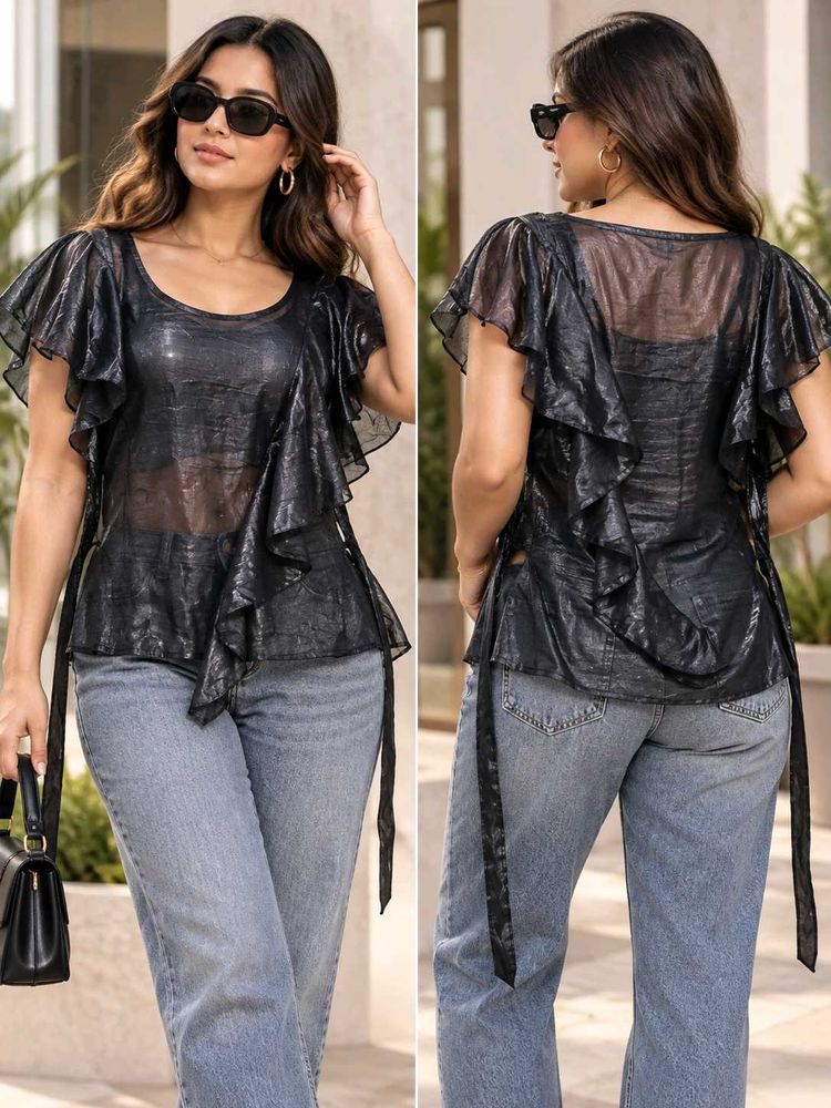 Chic Black Ruffled Sheer Top