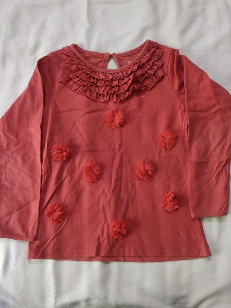 Cute Coral Ruffle &amp; Flower Detail Top