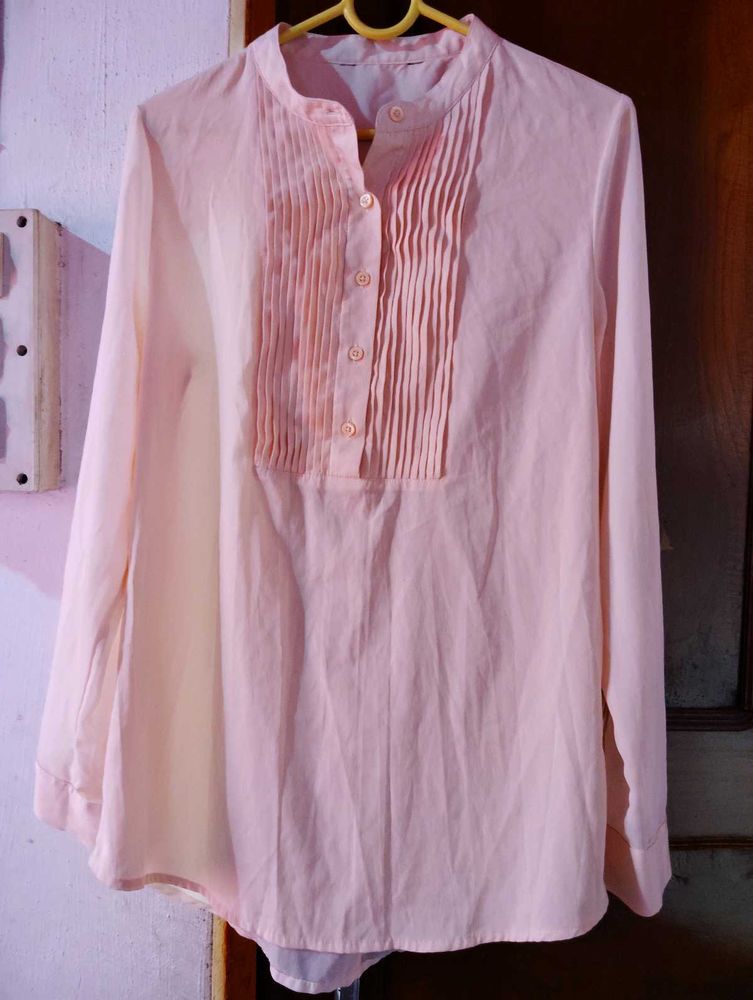 Chic Pink Pleated Long Sleeve Top
