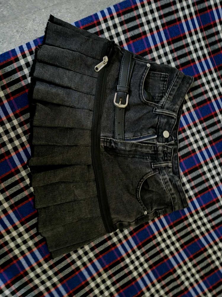 Dark Wash Pleated Denim Mini Skirt