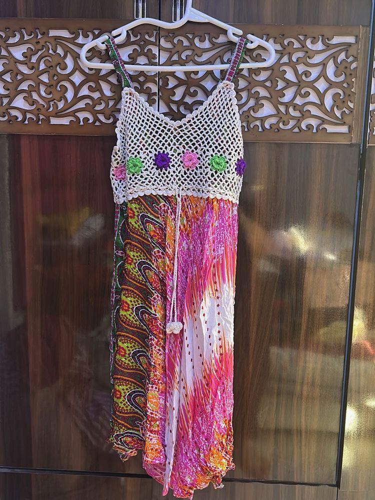 Boho Print Crochet Trim Dress
