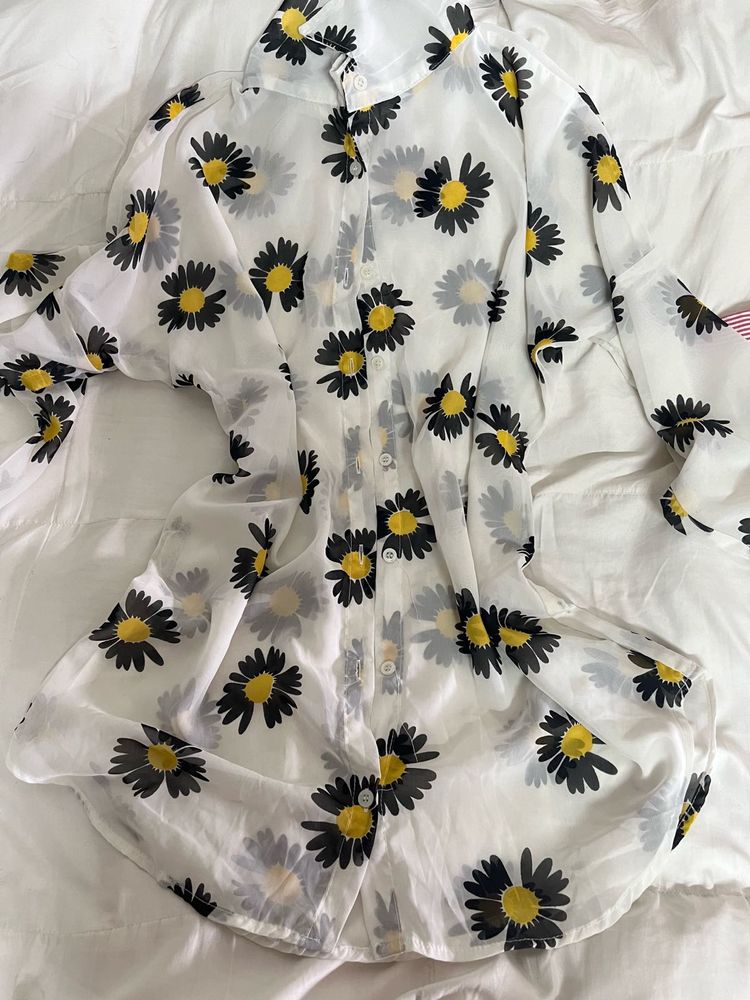 Sheer Daisy Print Button-Up Shirt