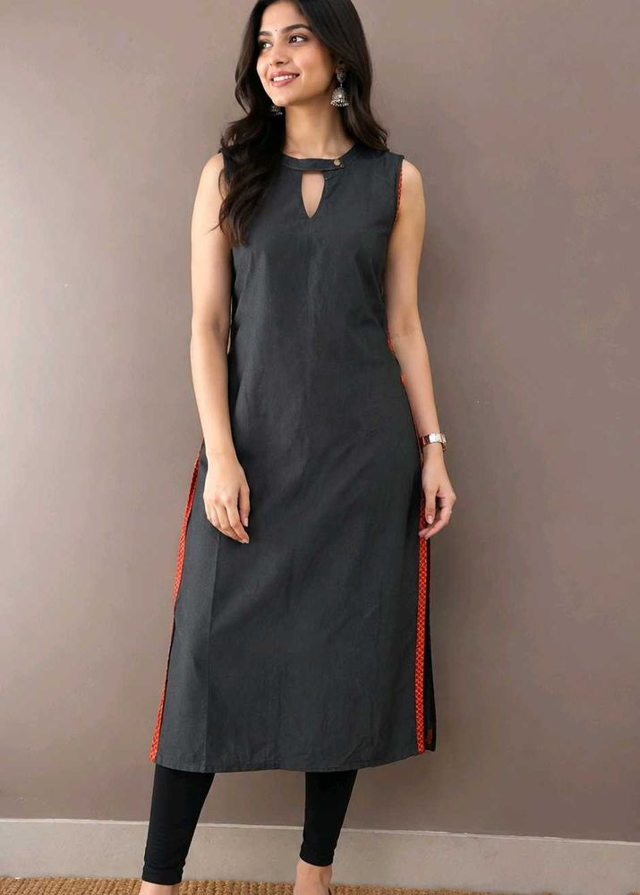 Sleeveless Grey Kurta with Orange Trim