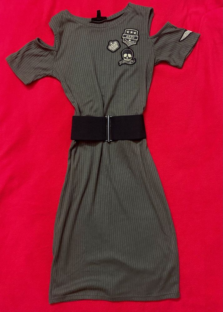 JENNYFER Army Patch Cold Shoulder Dress