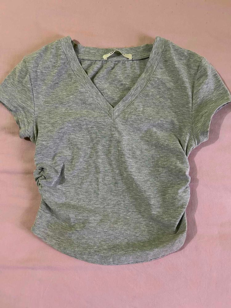 Grey V-Neck Ruched Crop Top