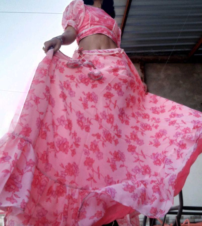 Pink Frill Lehnga And Puf Sleeves Blouse