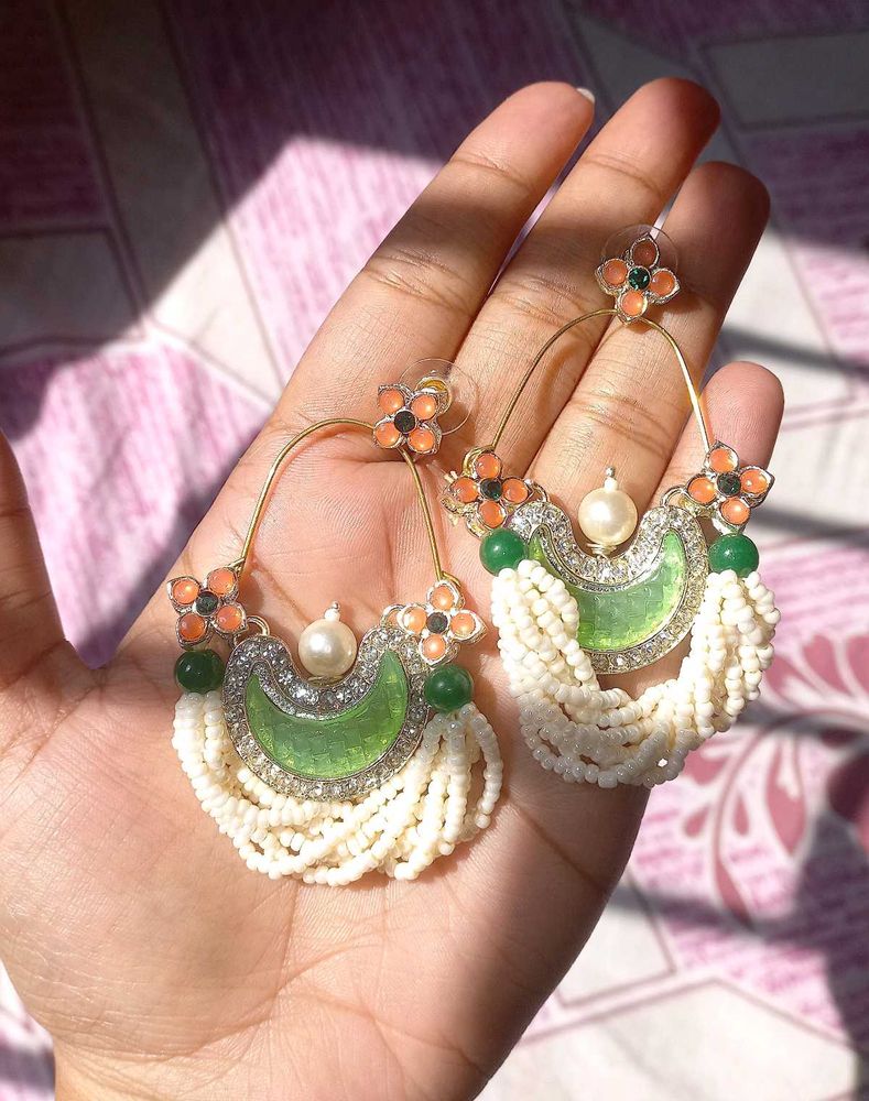 Statement Earrings - Pearl &amp; Green