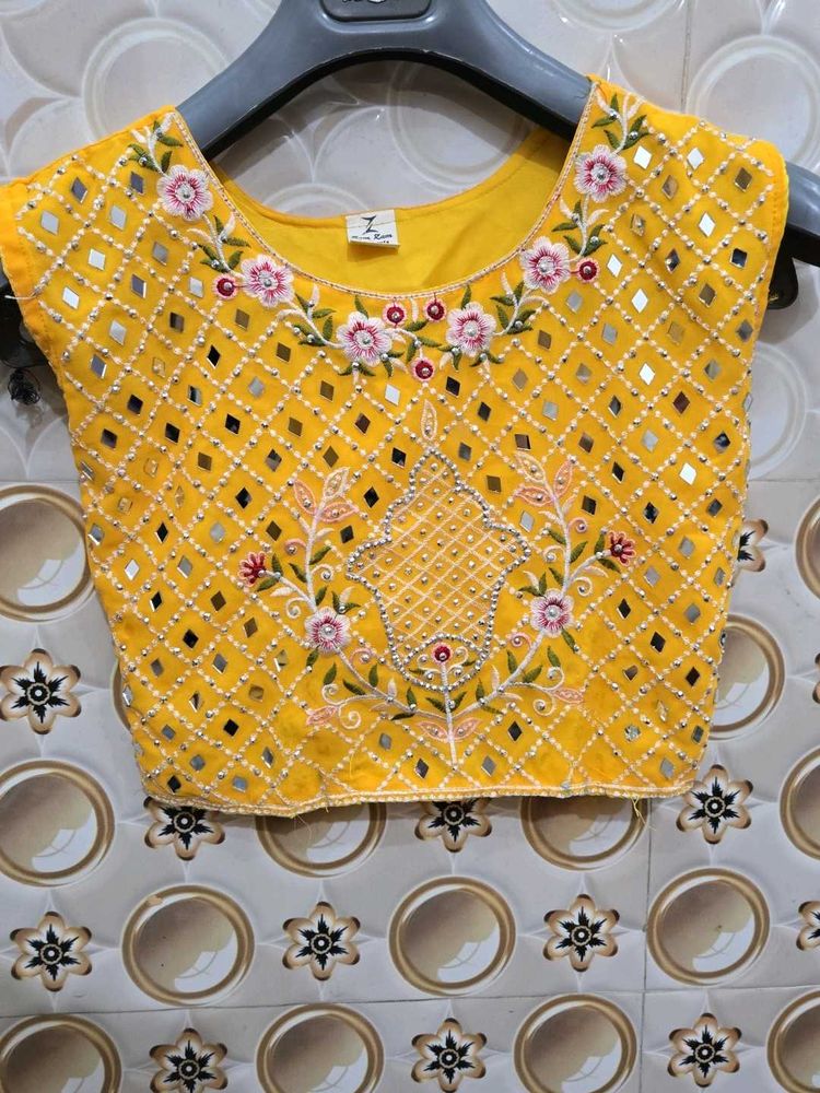 Embroidered Yellow Blouse with Mirror Work