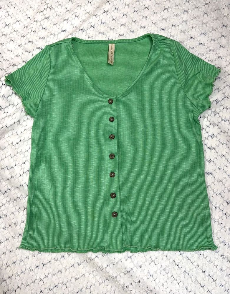 Green Ribbed Button-Up Top