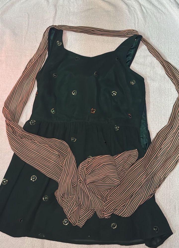 Embellished Dark Green and beige sharara set