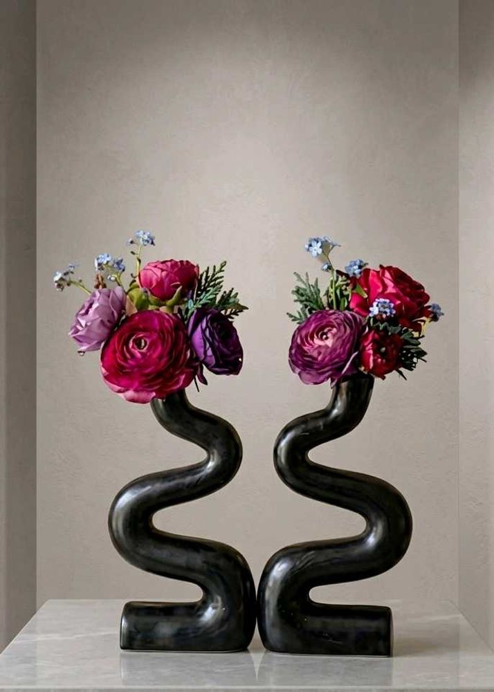 Brand New Set of 2 Matte Black Wavy Ceramic Vases