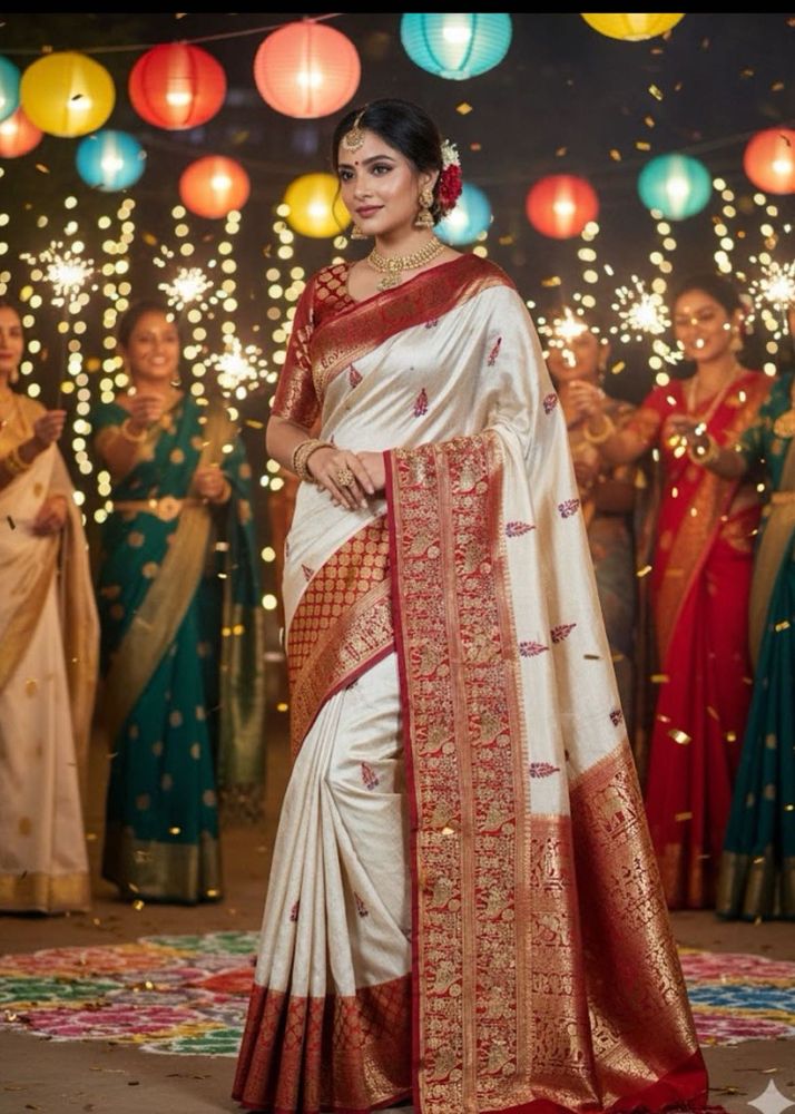 Elegant Cream &amp; Red Silk Saree