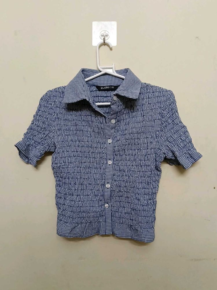 Smocked Gingham Button-Up Top