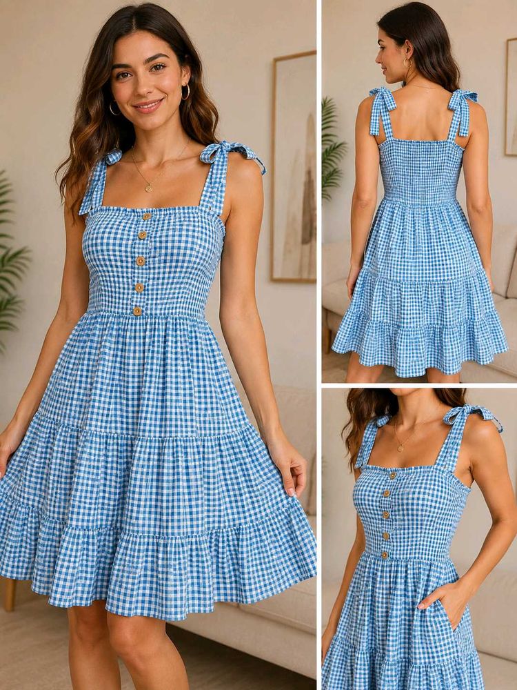 Blue and white checkered printed dress