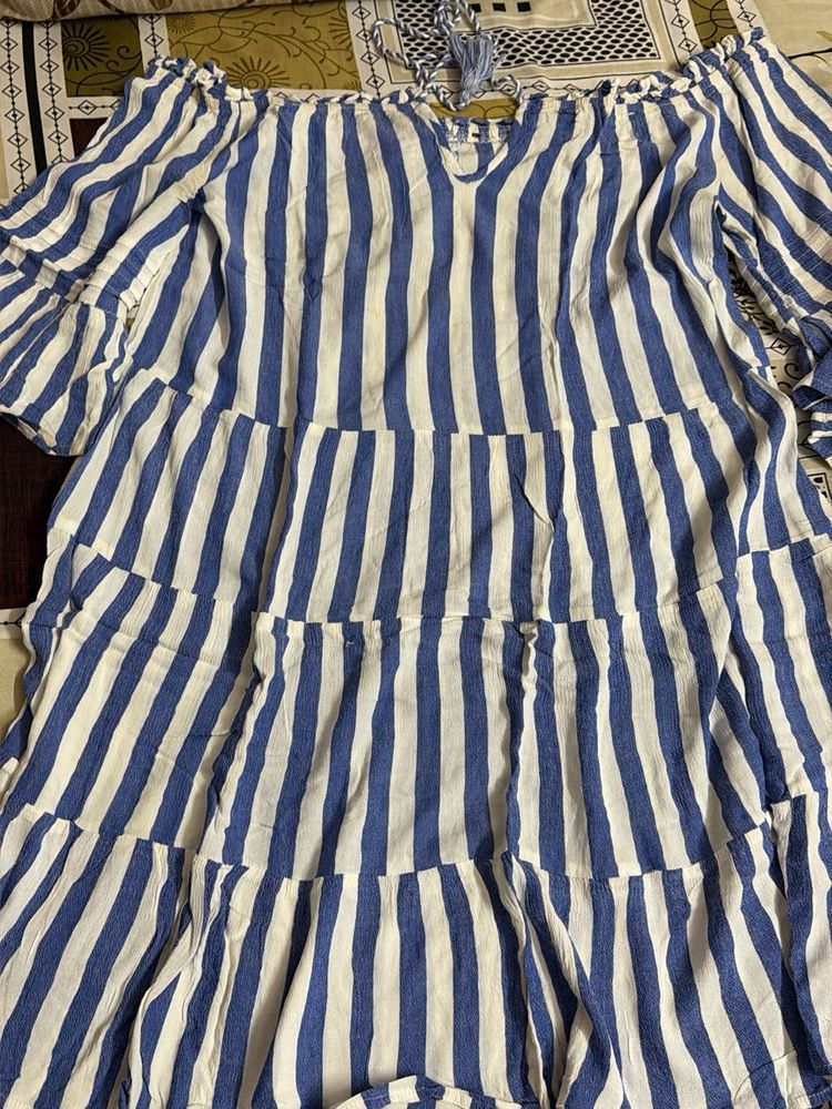 Blue &amp; White Striped Off-Shoulder Dress