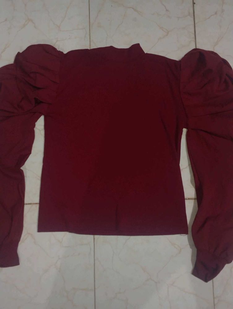 Maroon Puff Sleeve Mock Neck Top