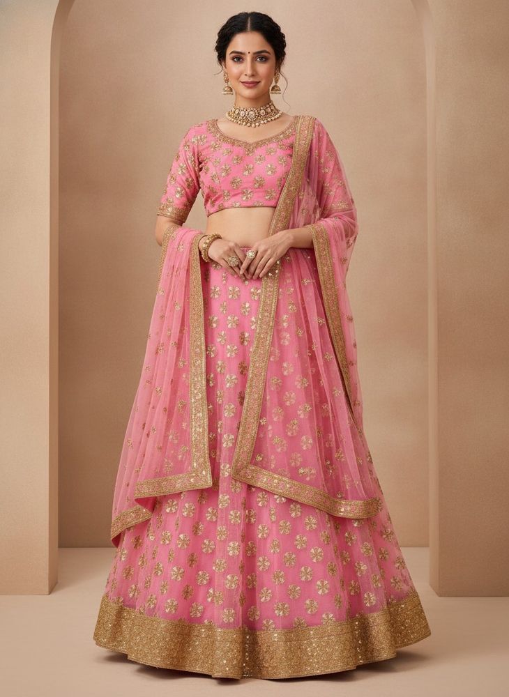 Stunning Pink &amp; Gold Embroidered Lehenga