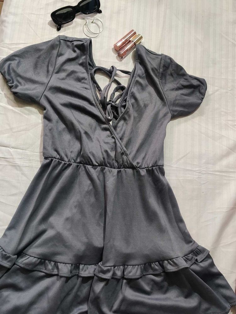 Chic Grey Ruffled Wrap Dress