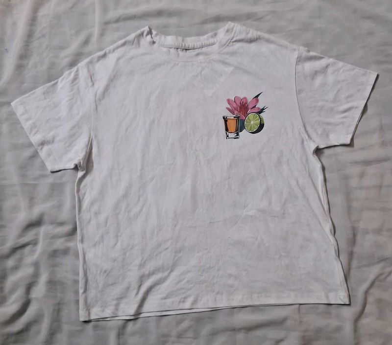 White Pure Cotton Oversized  Graphic T-Shirt