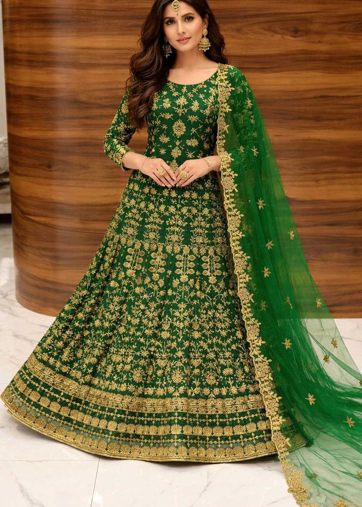 Elegant Green Embroidered anarkali 3pc set