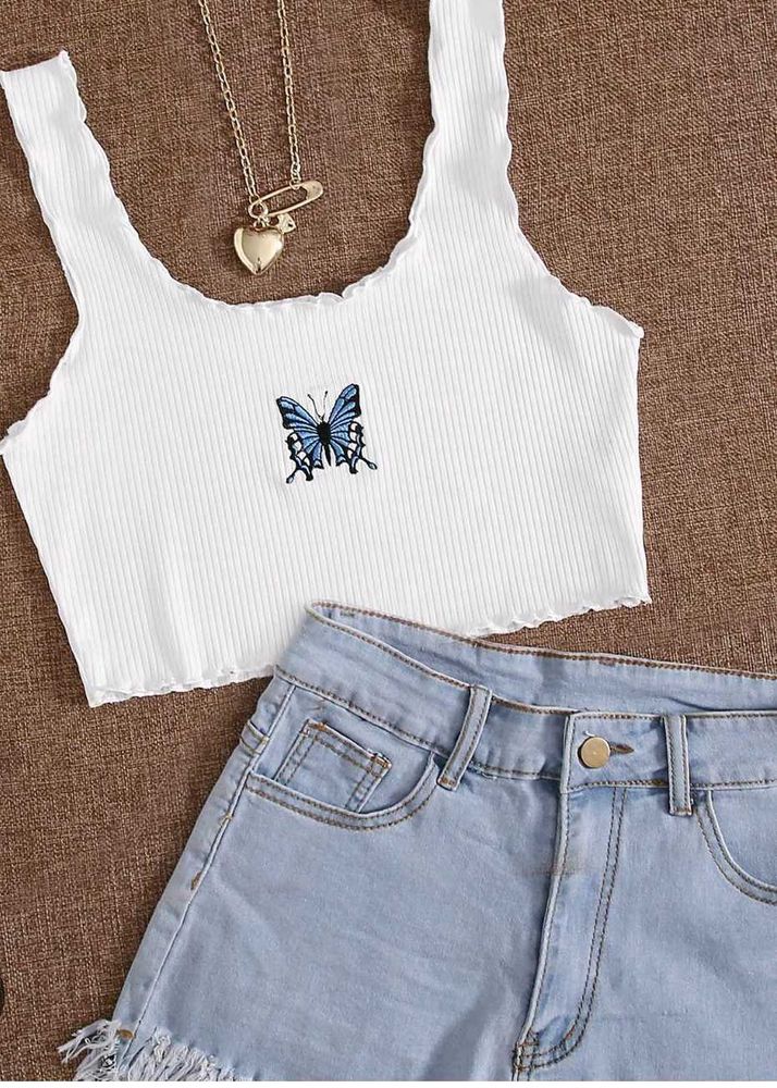 Shein Ofwhite Butterfly Embroidered Tank Top