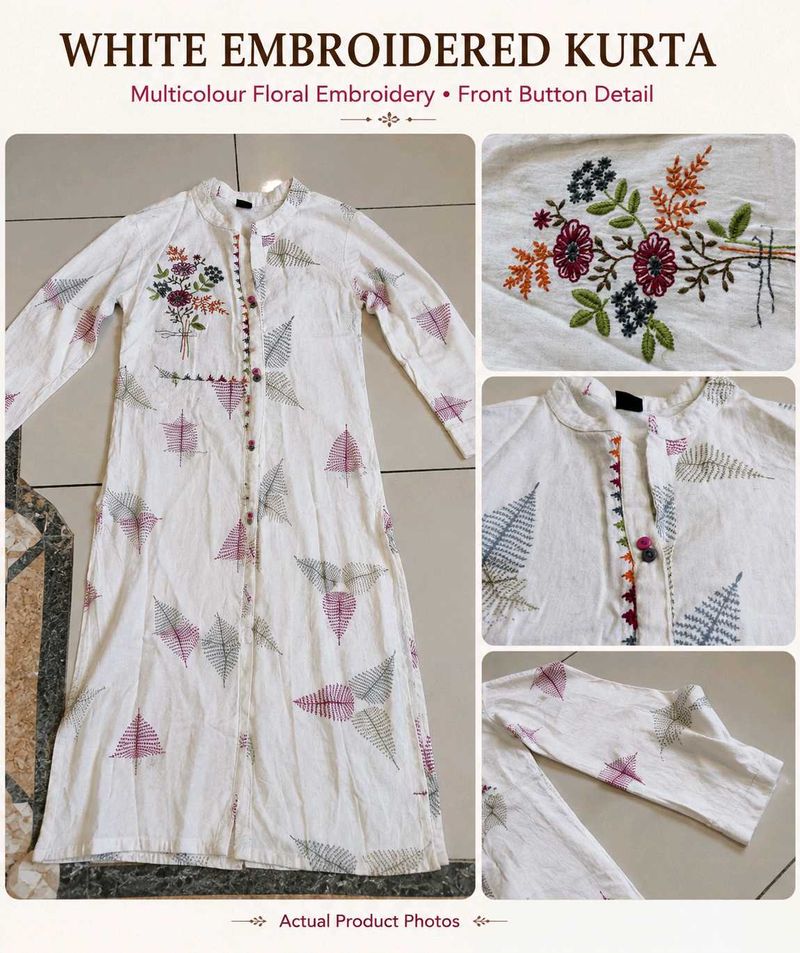 White Embroidered Kurta with Floral Print