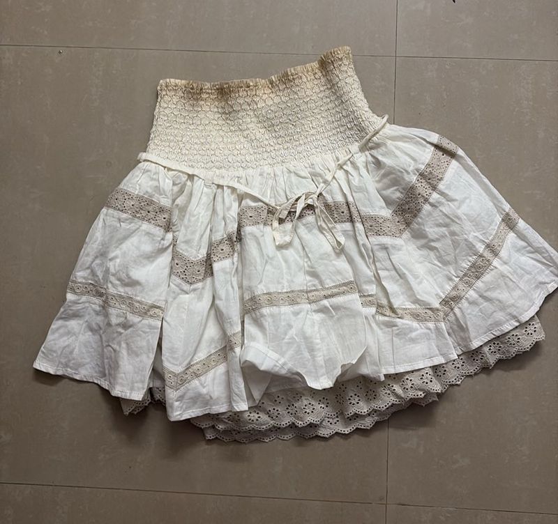 Imported Two Layered White Smocked Waist Mini Skir