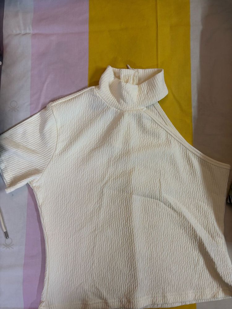 Cream Textured One-Shoulder Top