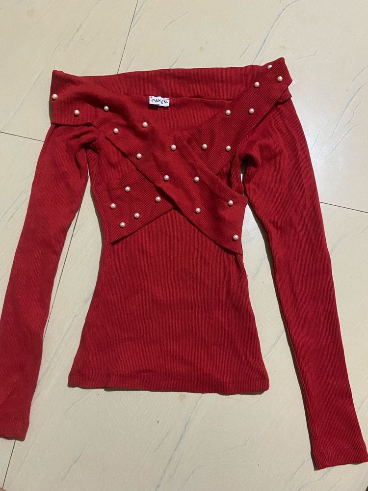 🌹 Red Pearl Off-Shoulder Ribbed Knit Top
