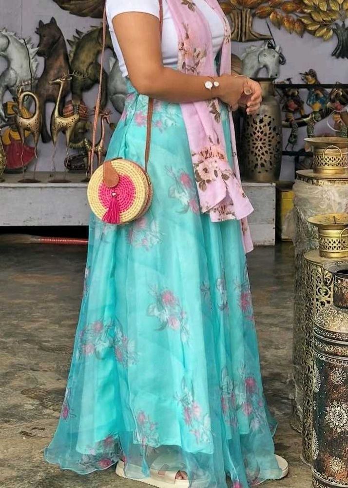 sky blue Floral Skirt with Tshirt