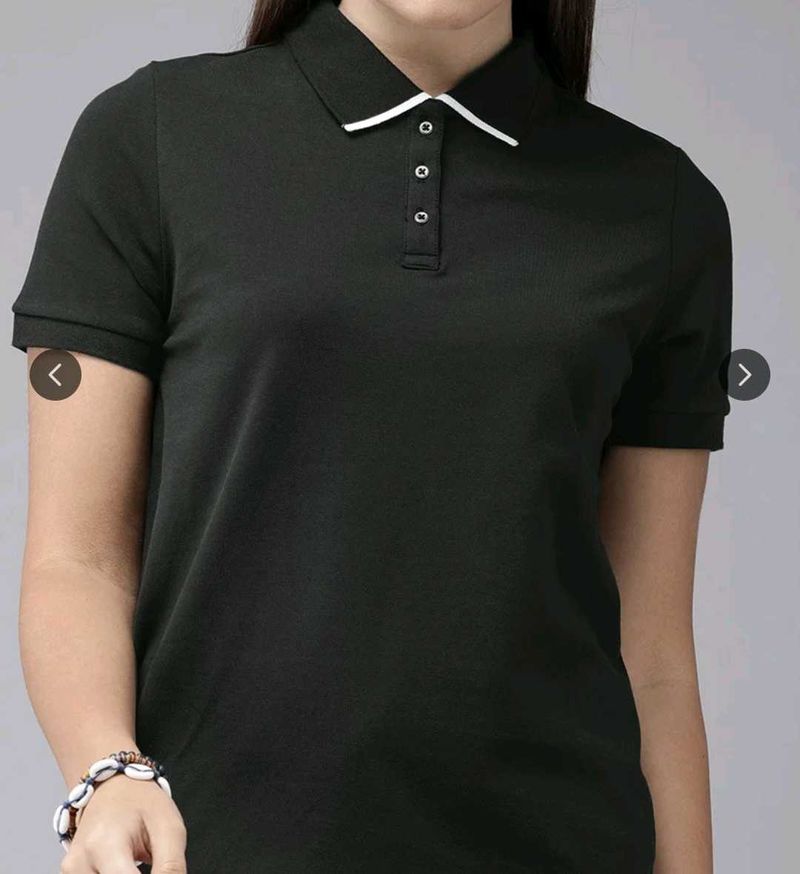 Women Black Solid Polo Collar Shirt