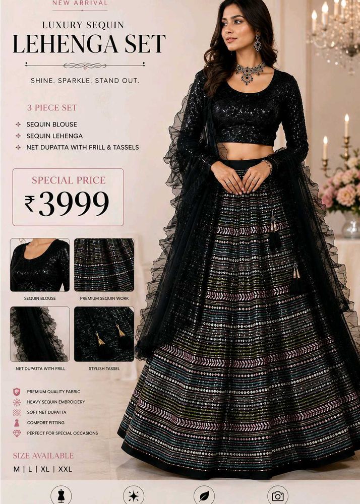 Black Sequin Lehenga Choli with Frill Net