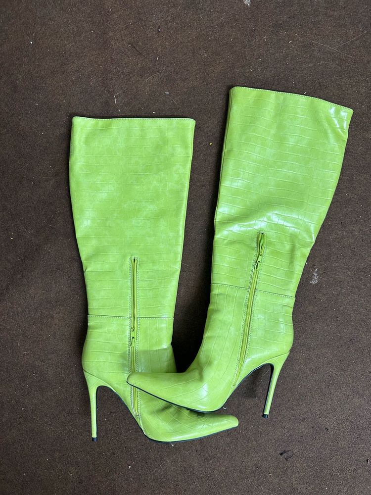 Lime Green Knee-High Stiletto Boots