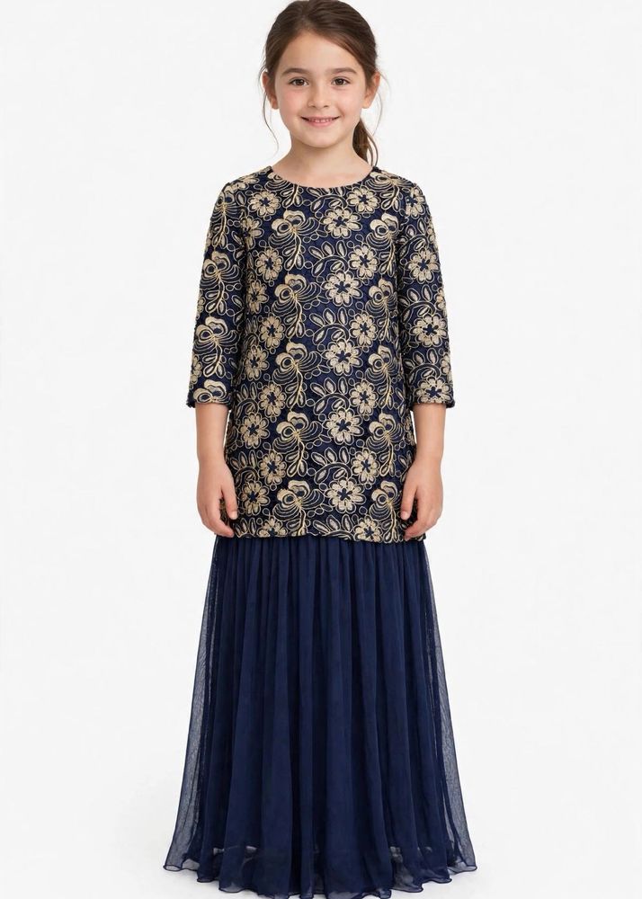 Girls Navy Embroidered Tulle Gown