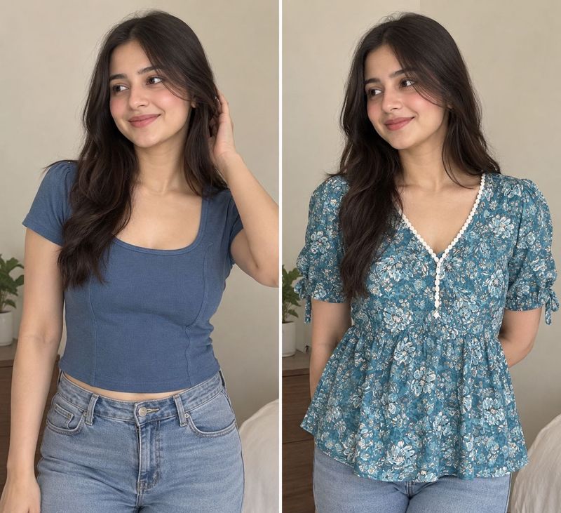 Chic Blue &amp; Floral Tops Combo