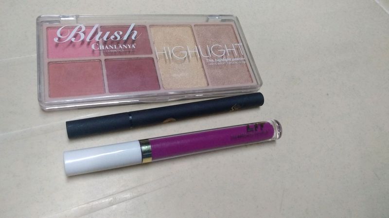 combo for neha (1) BLUSH + HIGH LIGHTER (2) LIPSTICK (3) EYE LINER