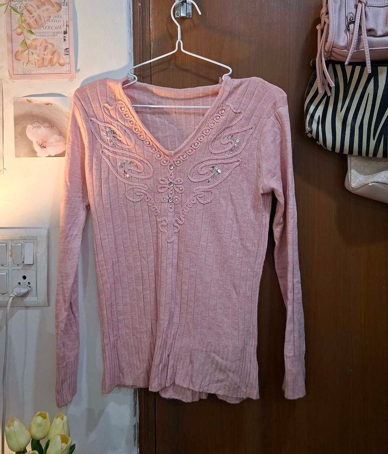 Pink Embellished V-Neck sweater