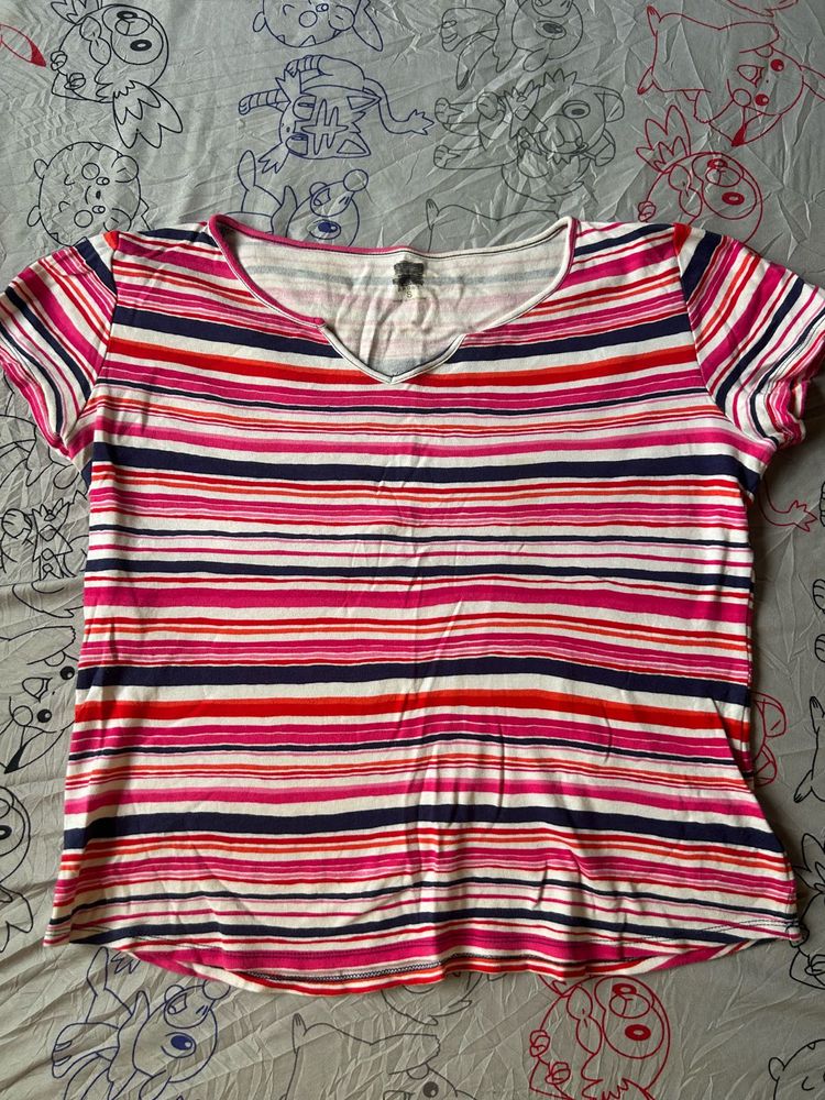 Striped V-Neck Short Sleeve Top