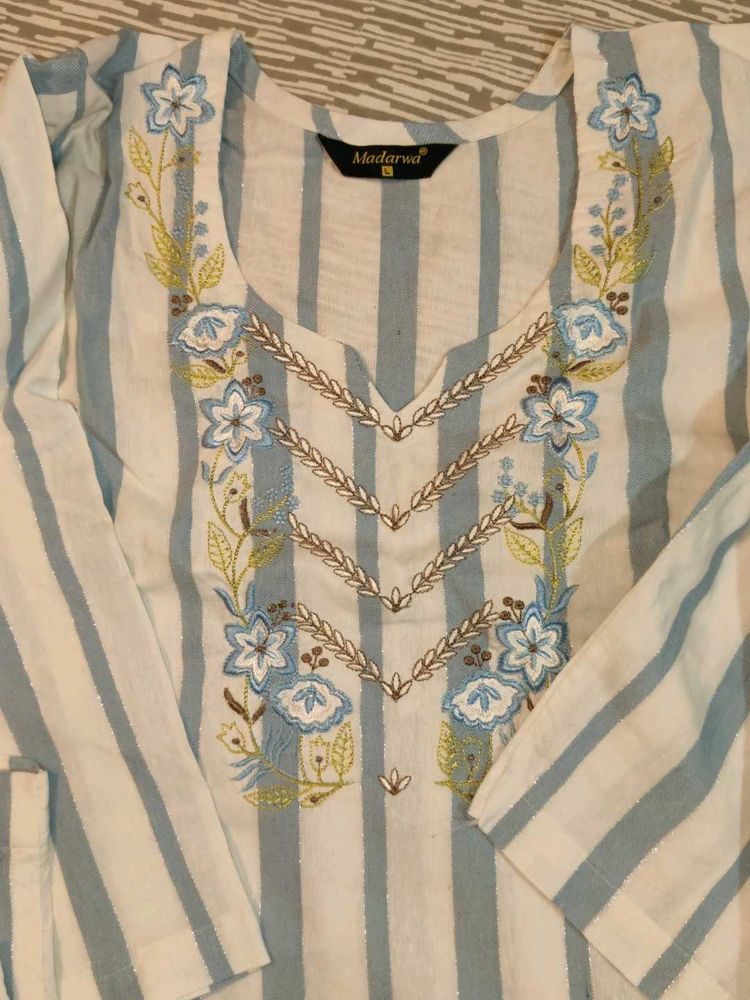 Cotton white and Blue striped kurta set
