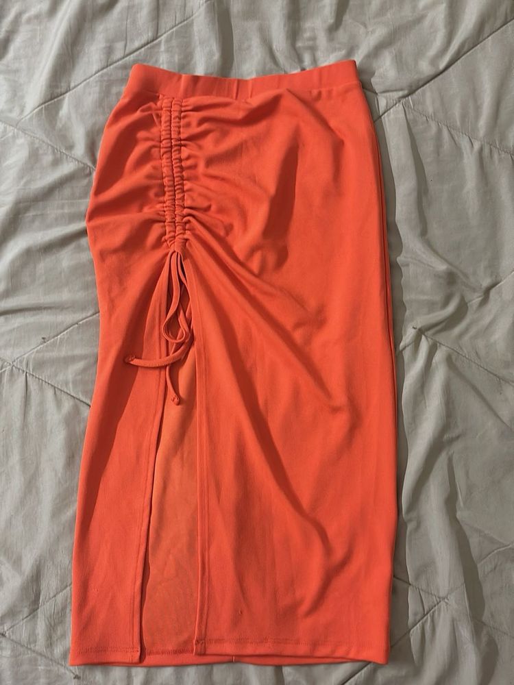 Orange Ruched Slit Midi Skirt
