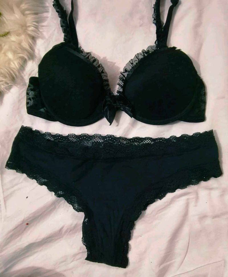Black Lace Trim Bra &amp; Panty Set