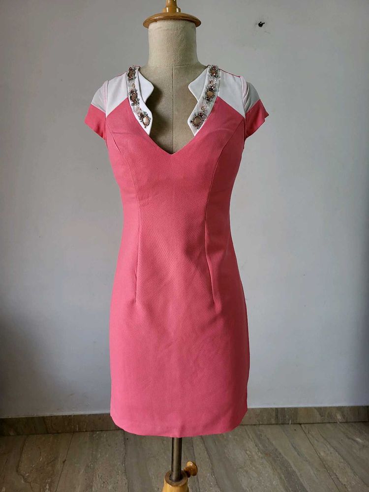 Pink Embellished V-Neck Dress