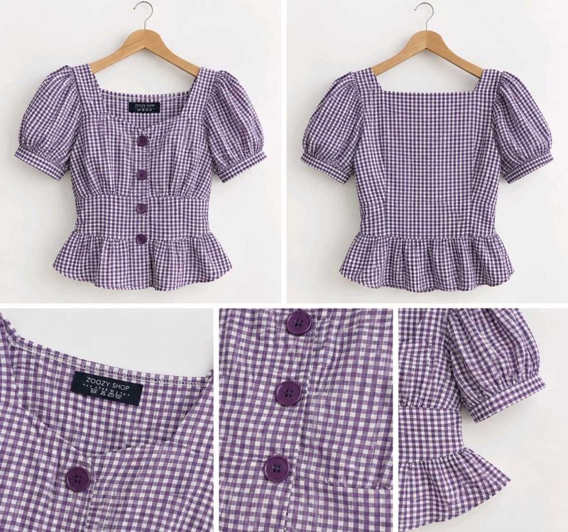 Purple Gingham Puff Sleeve Peplum Top