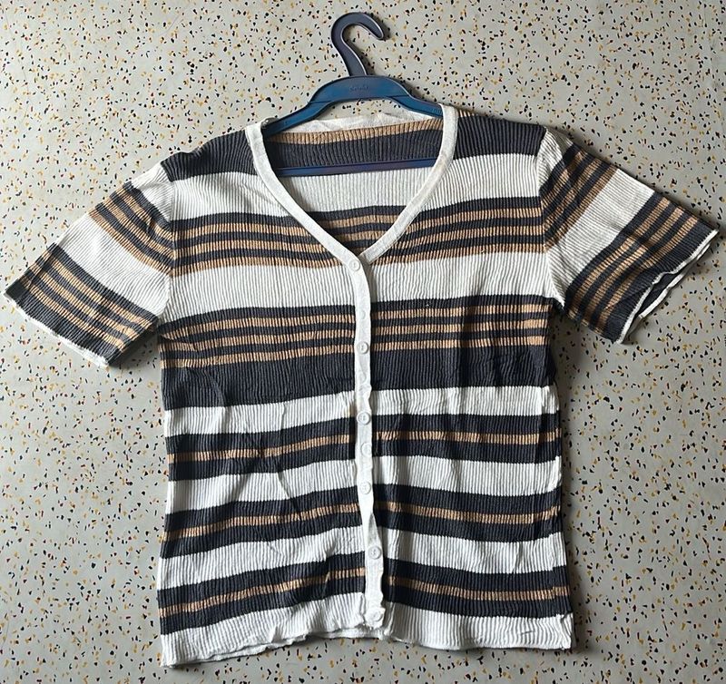 Striped Button-Up Short Sleeve Top