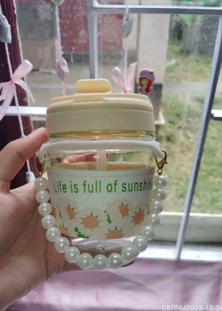 Cute Water Bottle with Pearl Strap