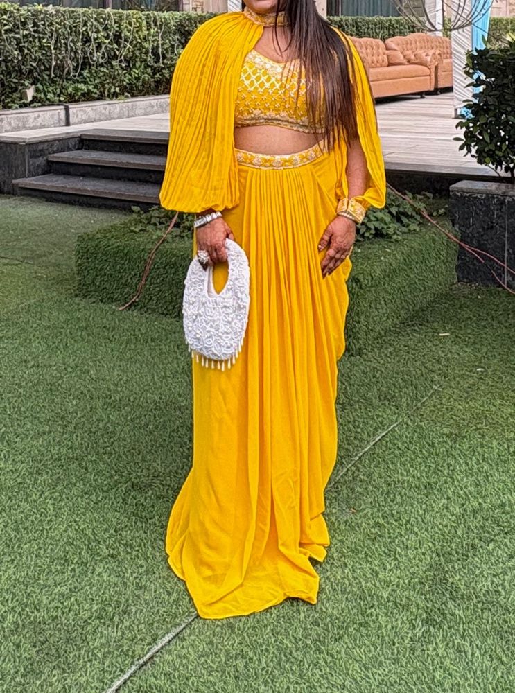 Stunning Yellow Embroidered Drape Skirt Choli Set