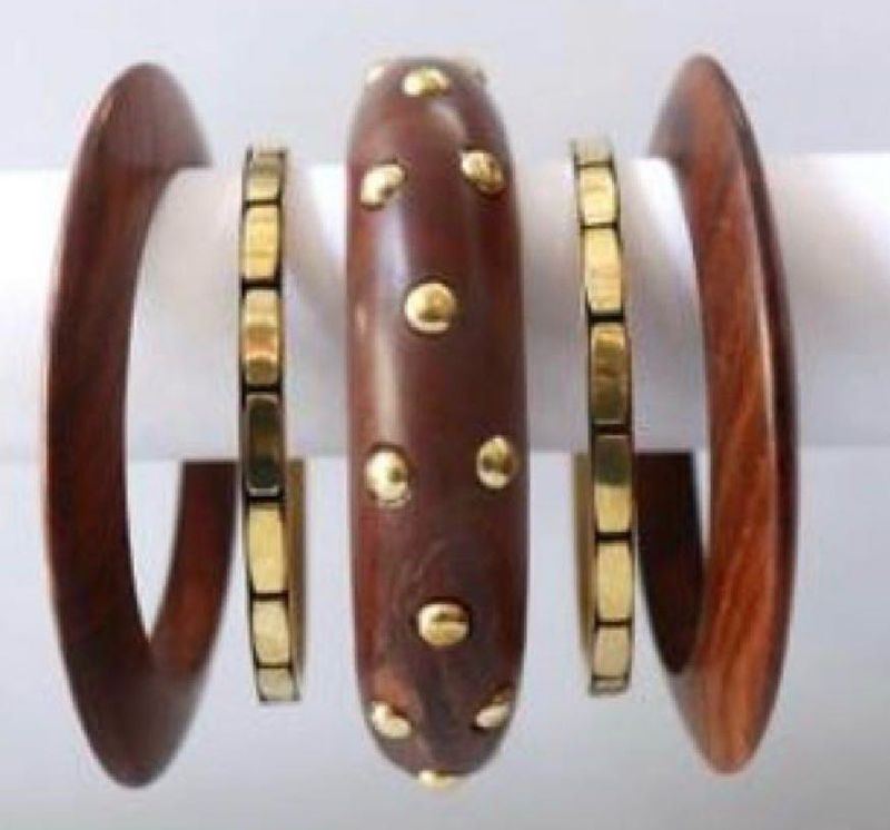 Set of 4 Wooden &amp; Gold Bangles